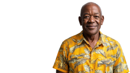 Smiling senior man wearing hawaiian shirt on transparent background