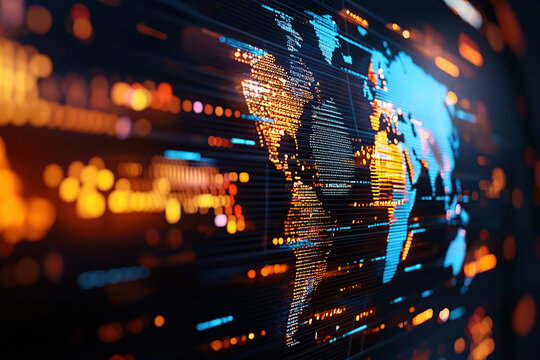 digital world map with glowing data points and lines represents global connectivity and technology. vibrant colors and dynamic design convey sense of innovation and digital transformation
