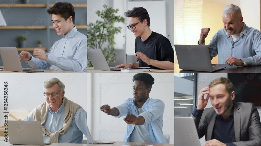 Poster A diverse group of individuals expresses various emotions while using laptops in a bright, modern workspace