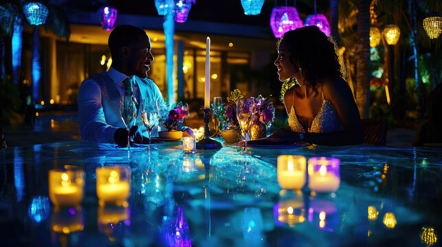 Romantic evening dinner for two by a beautifully illuminated poolside with vibrant lanterns