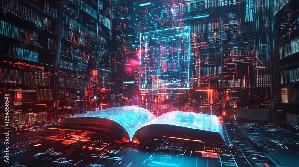 Poster futuristic library with glowing books and data visualizations creating a sci-fi atmosphere