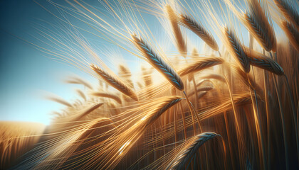 Close-Up of Golden Wheat Field under Clear Blue Sky