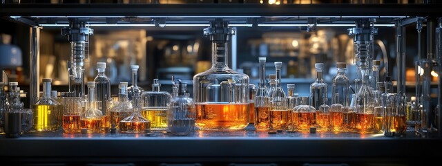Chemistry lab equipment: flasks, test tubes, chemical solutions, liquid substances, scientific experiments, glassware, laboratory tools, experimental process, reaction mixtures, liquid measurements.