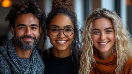 Multiracial individuals smiling warmly, radiating joy and connection in a vibrant, clean composition