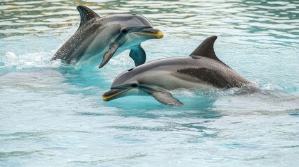 Fototapeta premium Three Dolphins Jumping in Water