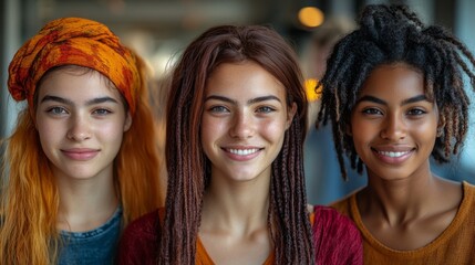 Fototapeta premium Multiracial individuals smiling warmly, radiating joy and connection in a vibrant, clean composition