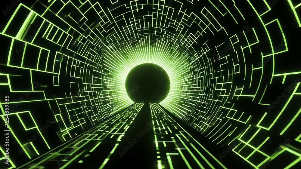 Poster glowing green digital tunnel with geometric and circuit patterns creates futuristic and immersive vi