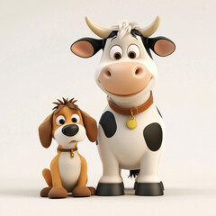 3D Cartoon Style Cow and Dog