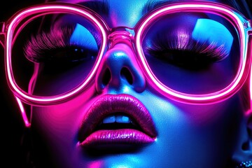 Neon Lit Woman Wearing Stylish Cat Eye Glasses © twilight mist