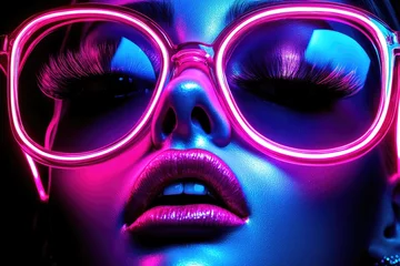 Neon Lit Woman Wearing Stylish Cat Eye Glasses © twilight mist