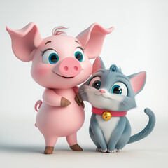3D Cartoon Style Pig and Cat