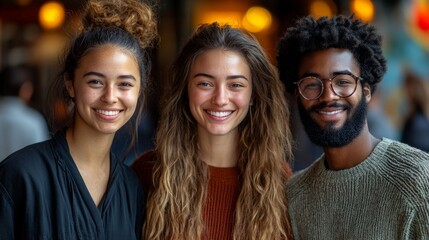Fototapeta premium Multiracial individuals smiling warmly, radiating joy and connection in a vibrant, clean composition