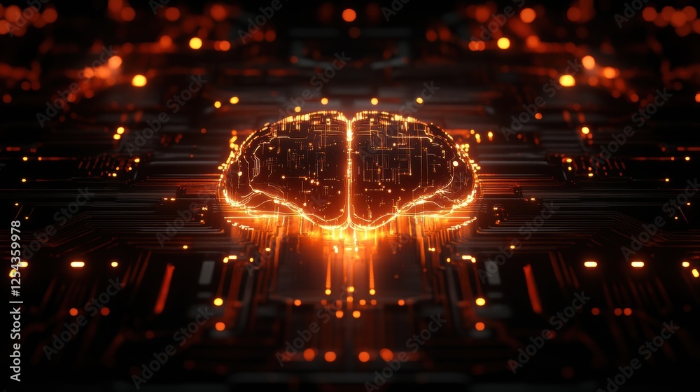 Aufkleber Abstract digital brain design featuring glowing circuits and wires, illustrating advanced technology in neural networks. Generative AI