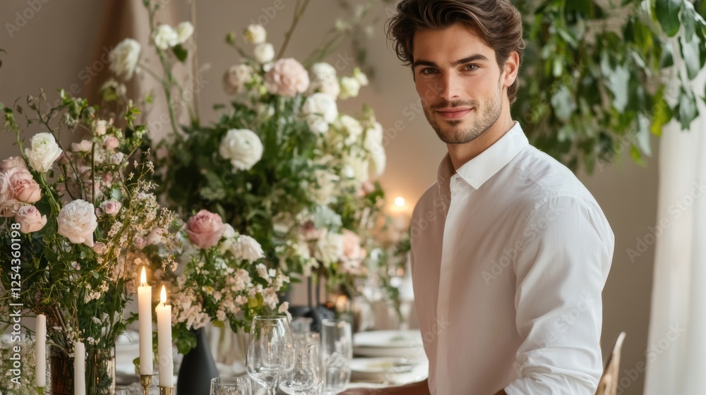 Poster elegant festive dining table set with glowing candles and fresh flowers for a special occasion in a 