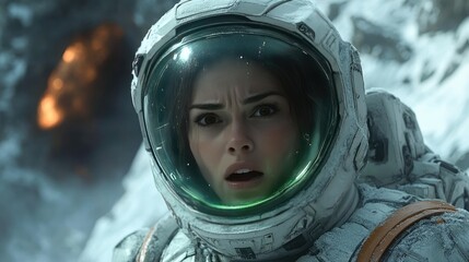 Astronaut Woman Shocked in Frozen Landscape