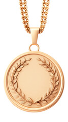 Graduation ceremony official milestone concept. Gold medal with intricate design and chain necklace