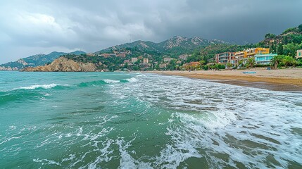 Fototapeta premium Coastal Buildings and Waves Under a Cloudy Sky