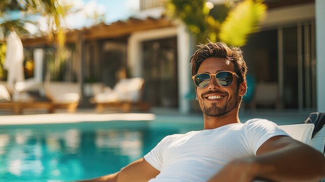Man smiling by the pool wearing sunglasses