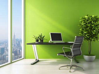 Modern Home Office with City View and Green Wall