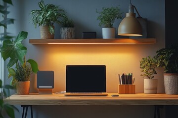 Modern workspace with wooden desk and warm lighting