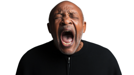Senior man yawning with open mouth and closed eyes on transparent background
