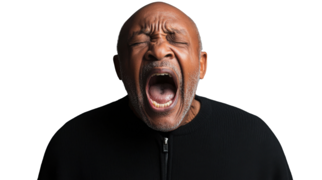 Senior man yawning with open mouth and closed eyes on transparent background - Powered by Adobe