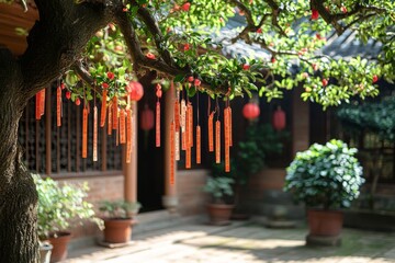 Tranquil outdoor garden with traditional red lanterns hanging on trees
