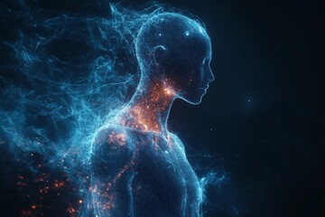 Digital representation of a futuristic human figure glowing with energy