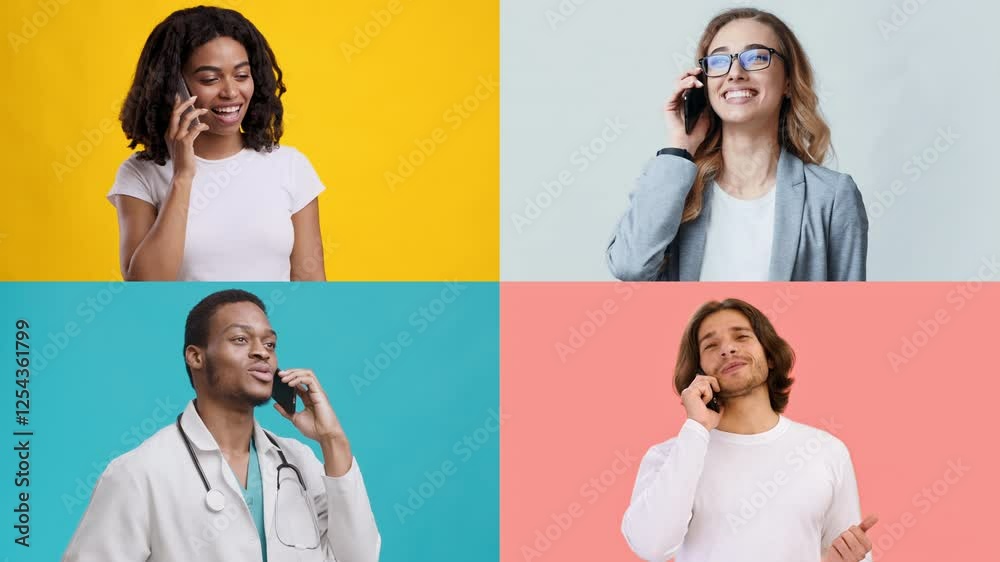 Aufkleber four individuals from different backgrounds have engaged in phone conversations. they display varied