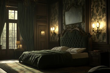 Fototapeta premium Sophisticated bedroom with dark furniture and artistic light fixtures