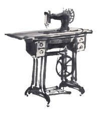 水墨技法で描いた足踏みミシン