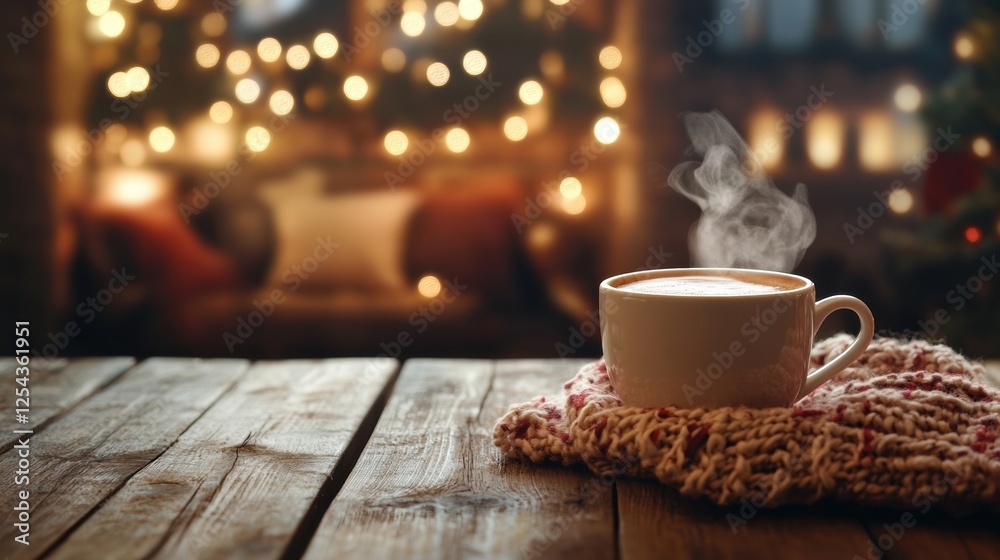 Aufkleber cozy coffee cup with steam on rustic wooden table surrounded by warm ambient lights. generative ai