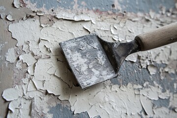 Chipped paint on a wall with a scraping tool