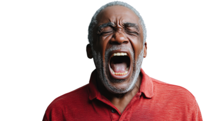 Senior black man shouting with transparent background: frustration and anger concept