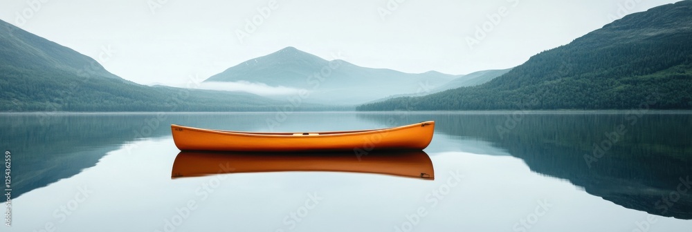 Poster lone kayak floating on a tranquil mountain lake surrounded by scenic peaks in the early morning ligh