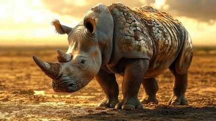 Fototapeta premium A majestic rhinoceros stands in a dry landscape during sunset, showcasing its textured skin and strength