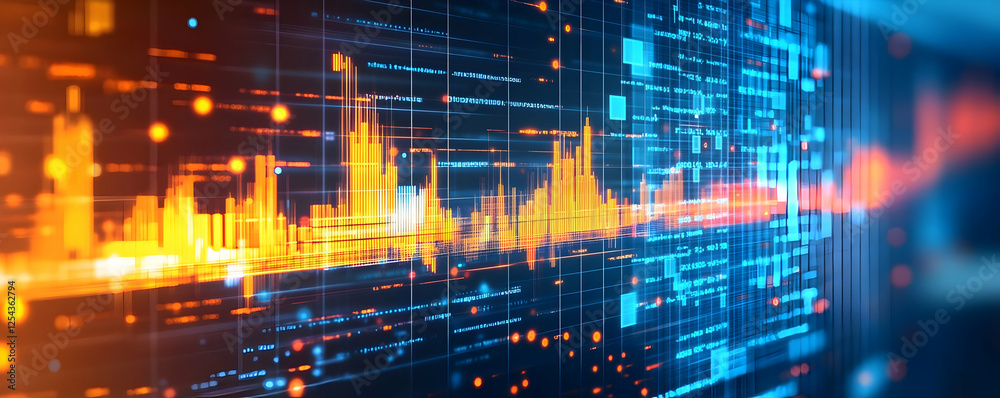 Poster abstract digital data visualization with vibrant waveforms and grids