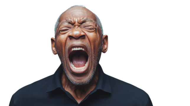 Senior man shouting with transparent background: expressing fury and emotion