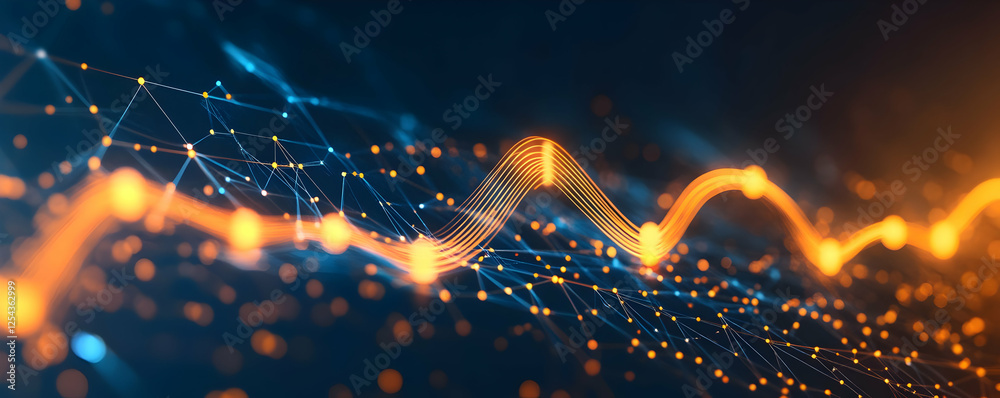 Poster abstract visualization of flowing data streams with glowing nodes in a digital landscape