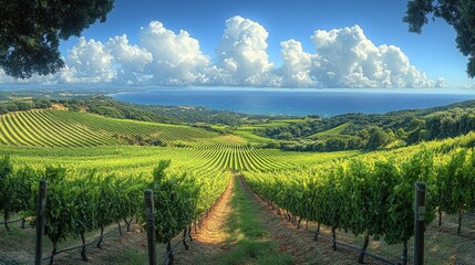 Naklejka premium Lush vineyard landscape overlooking the ocean under a vibrant sky with fluffy clouds