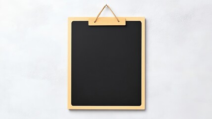 Blank chalkboard with wooden frame hanging on a white wall, ideal for educational use or signage