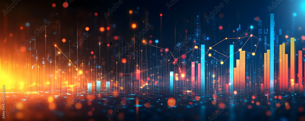Poster Vibrant data visualization with glowing bars and abstract patterns in background