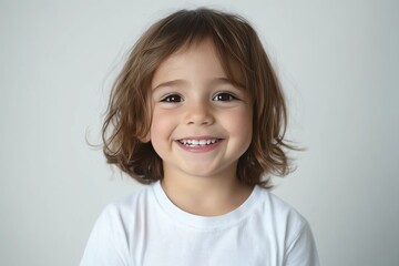 A happy little girl with brown hair smiles brightly