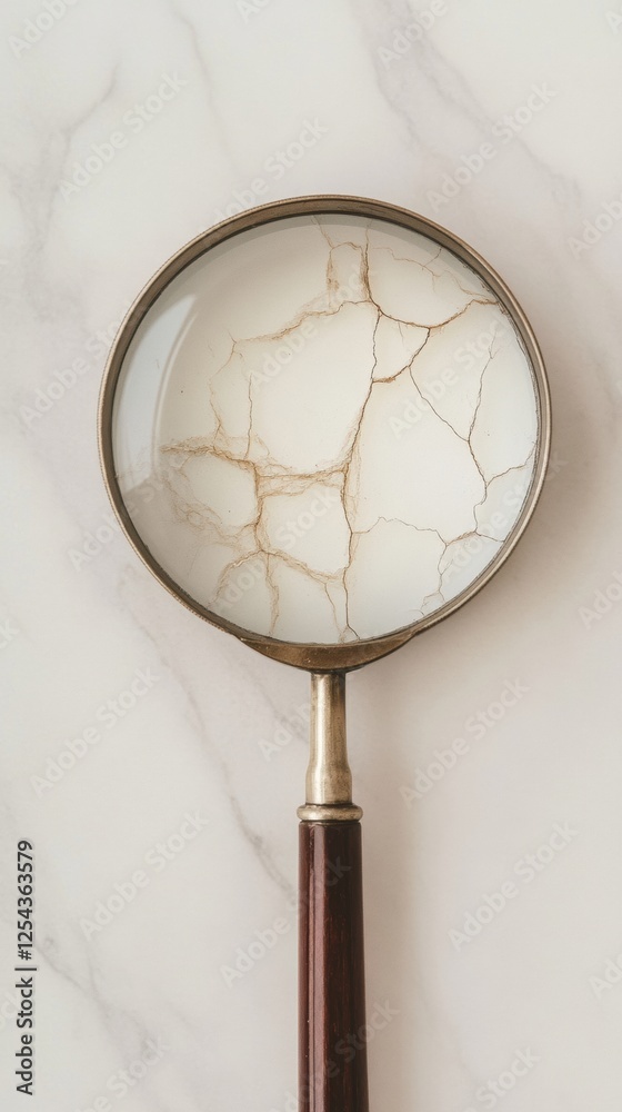 Poster Exploring the details of dry and flaky skin with a magnifying glass in a neutral setting. Generative AI