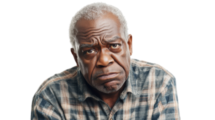 Senior black man with grey hair expressing displeasure on transparent background