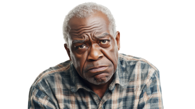 Senior black man with grey hair expressing displeasure on transparent background - Powered by Adobe