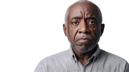 Serious senior man expressing disappointment on transparent background