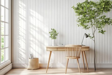 3D rendering of a modern office room with white vertical striped wall, desk, and chair on light wooden floor in minimalist interior design.