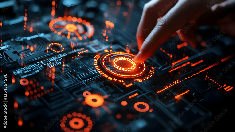 Poster close-up of a hand interacting with a futuristic digital interface displaying glowing circuits and d