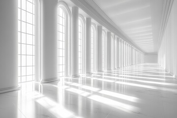 3D render of an abstract white interior with light beams, vertical lines, and modern minimal design in a wide-angle view.